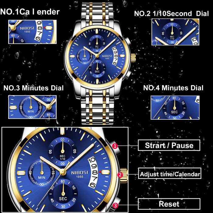 Ceas barbati Nibosi Data Otel Analog  Quartz Argintiu Auriu Albastru [3]