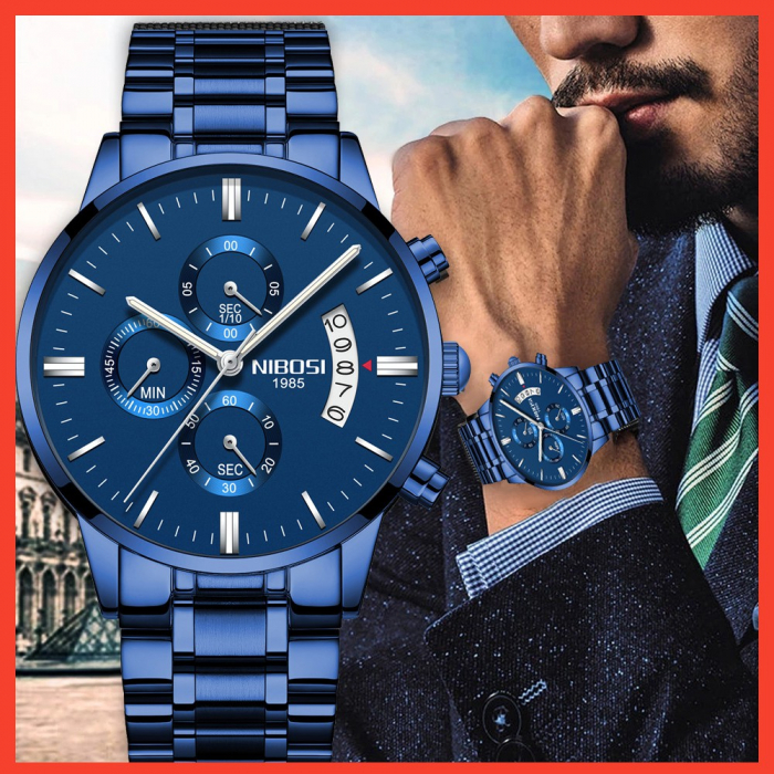 Ceas barbati Nibosi Data Otel Analog  Quartz Albastru [2]