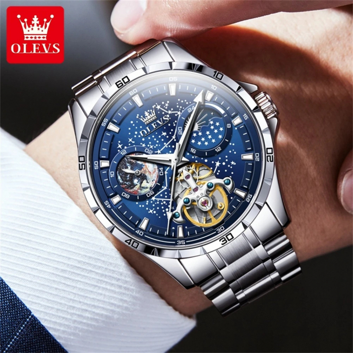Ceas barbatesc de mana Olevs Analog Mecanic Automatic Business Otel Argintiu Albastru [5]