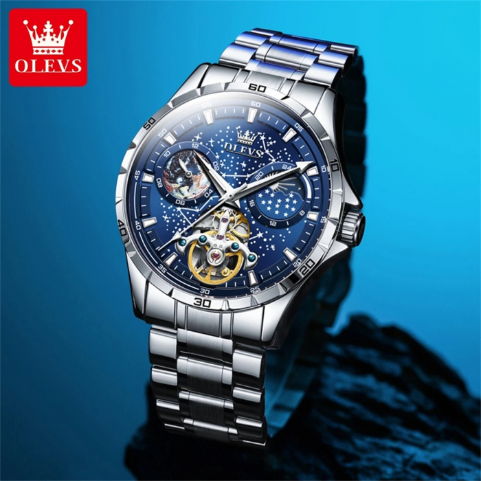 Ceas barbatesc de mana Olevs Analog Mecanic Automatic Business Otel Argintiu Albastru [3]