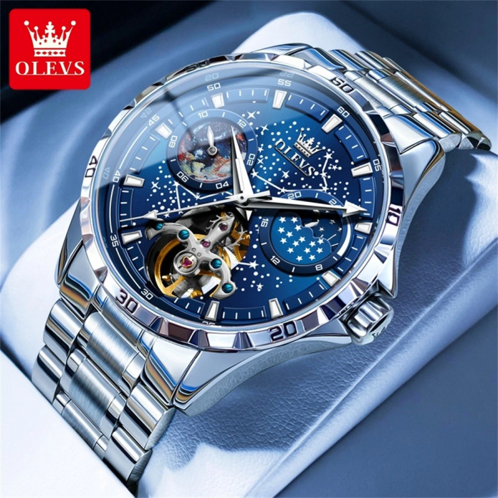 Ceas barbatesc de mana Olevs Analog Mecanic Automatic Business Otel Argintiu Albastru [2]
