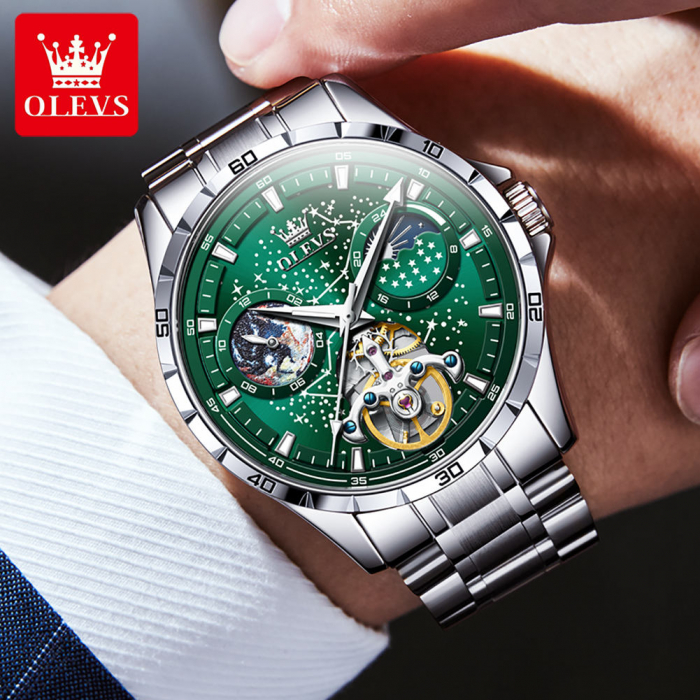 Ceas barbati Olevs Analog Mecanic Automatic Business Otel Argintiu Verde [2]