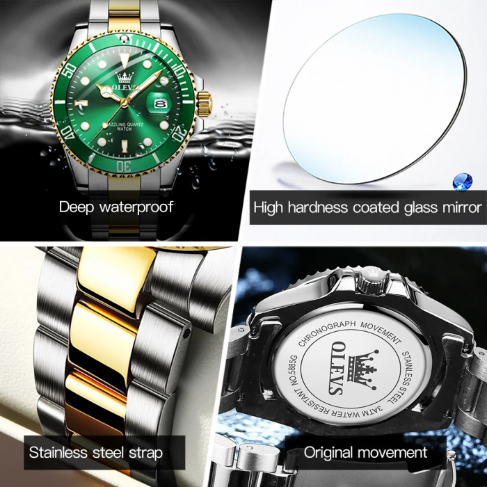 Ceas barbati Olevs Analog Quartz Elegant Verde Afisare data Otel [7]