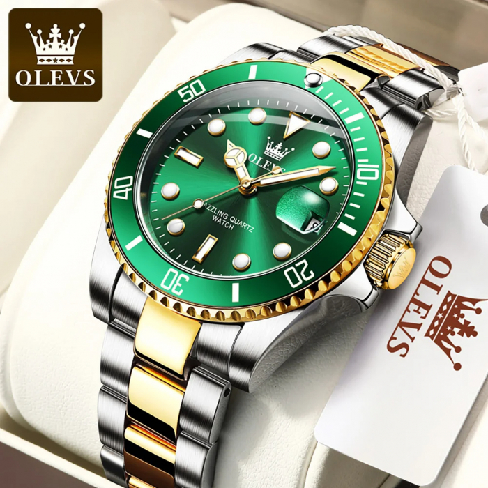 Ceas barbati Olevs Analog Quartz Elegant Verde Afisare data Otel [3]
