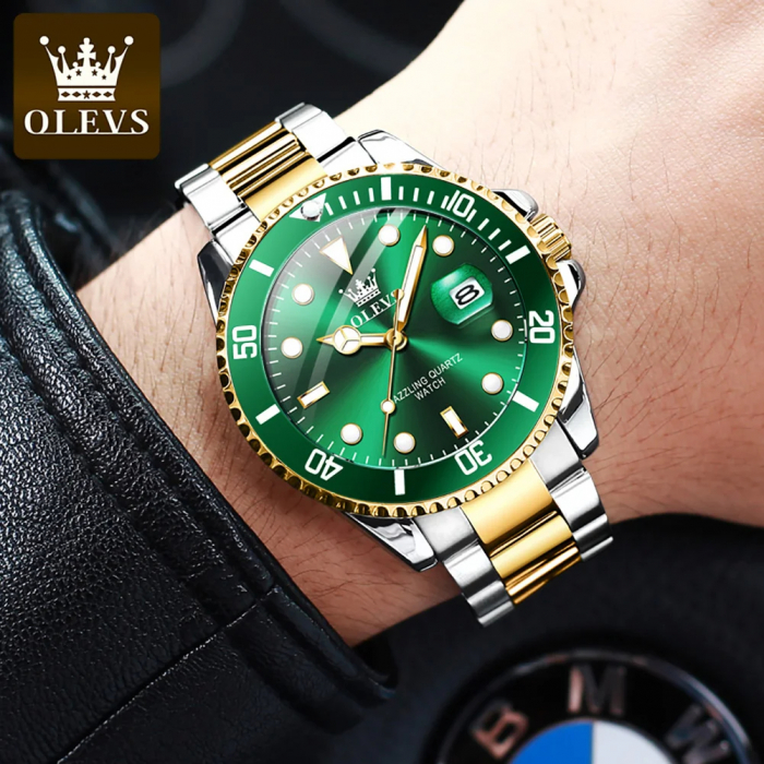 Ceas barbati Olevs Analog Quartz Elegant Verde Afisare data Otel [6]