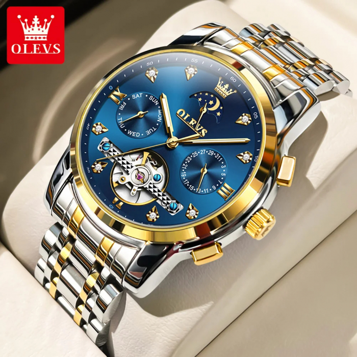 Ceas barbati Olevs Argintiu Albastru Analog Mecanic Automatic Data Indici fosforescenti [3]