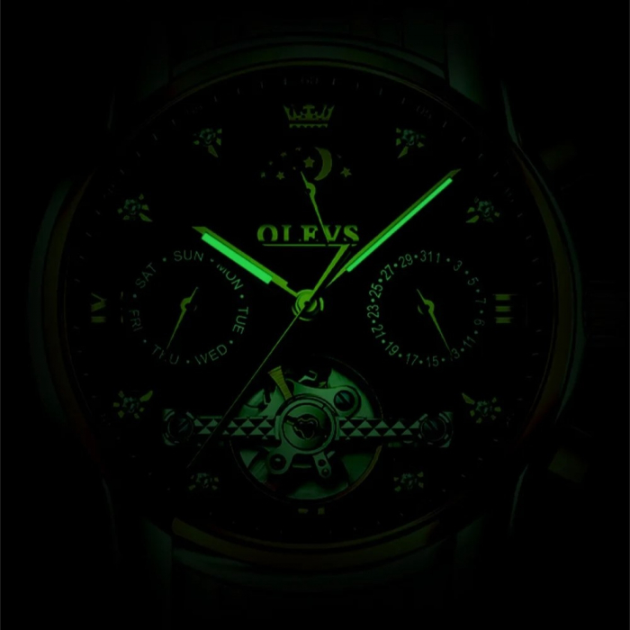 Ceas barbati Olevs Argintiu Albastru Analog Mecanic Automatic Data Indici fosforescenti [4]