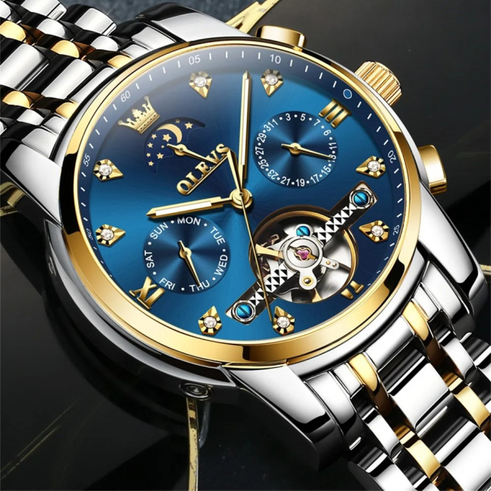 Ceas barbati Olevs Argintiu Albastru Analog Mecanic Automatic Data Indici fosforescenti [2]