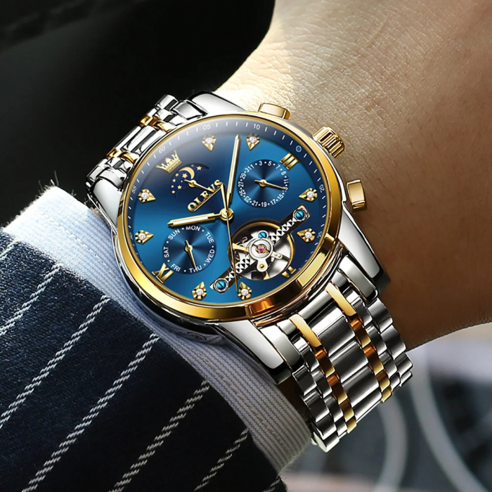Ceas barbati Olevs Argintiu Albastru Analog Mecanic Automatic Data Indici fosforescenti [5]