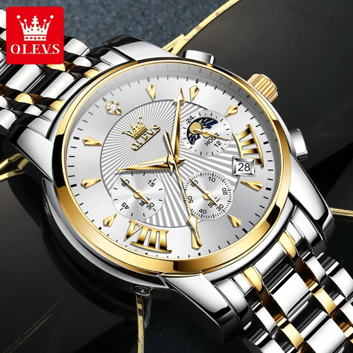 Ceas barbati Olevs Quartz Analog Cronograf Otel Argintiu Auriu [7]