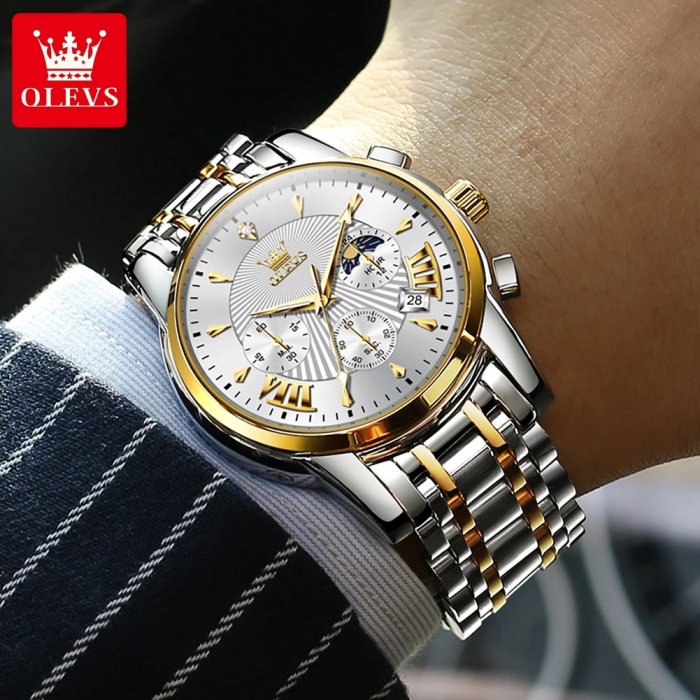 Ceas barbati Olevs Quartz Analog Cronograf Otel Argintiu Auriu [5]