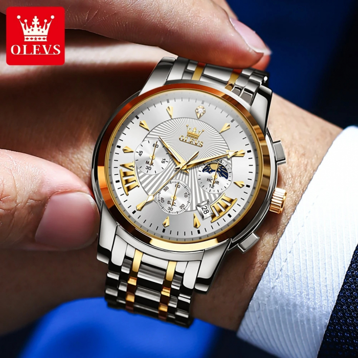 Ceas barbati Olevs Quartz Analog Cronograf Otel Argintiu Auriu [3]