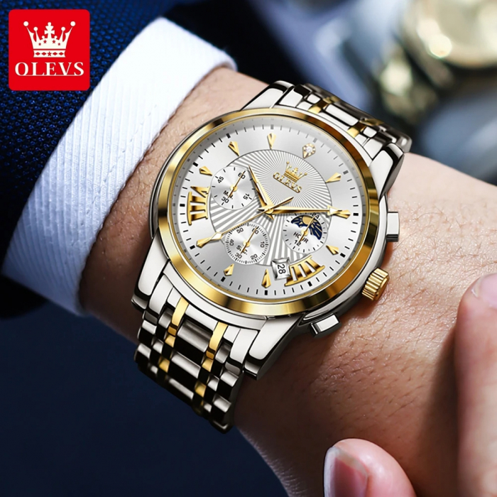 Ceas barbati Olevs Quartz Analog Cronograf Otel Argintiu Auriu [6]