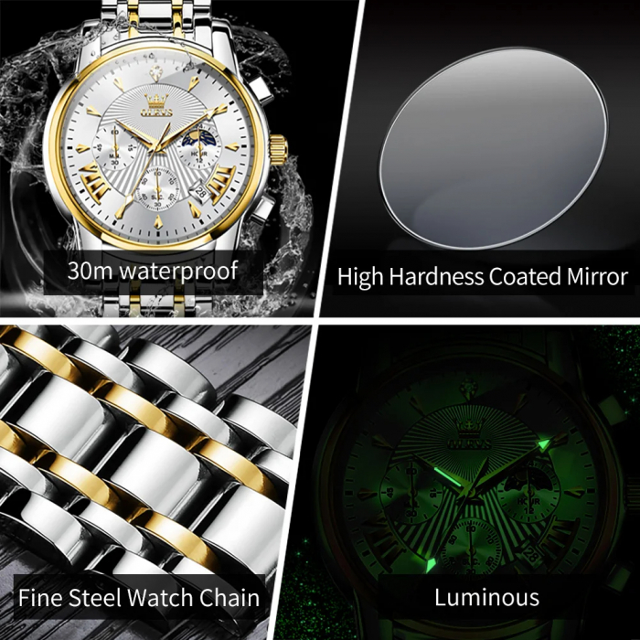 Ceas barbati Olevs Quartz Analog Cronograf Otel Argintiu Auriu [4]