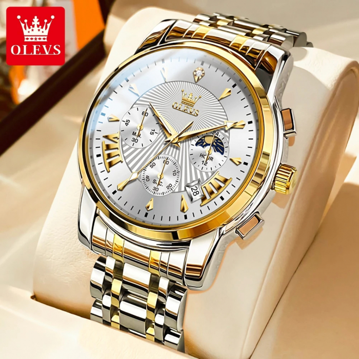 Ceas barbati Olevs Quartz Analog Cronograf Otel Argintiu Auriu [2]