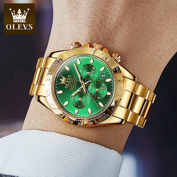 Ceas barbati Olevs Mecanic automatic Analog Cronograf Otel Auriu Data [3]