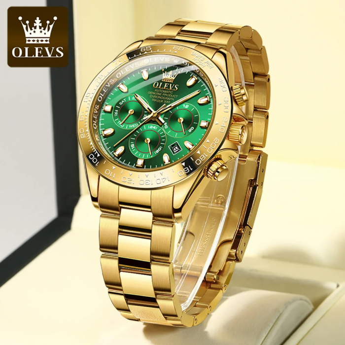 Ceas barbati Olevs Mecanic automatic Analog Cronograf Otel Auriu Data [2]