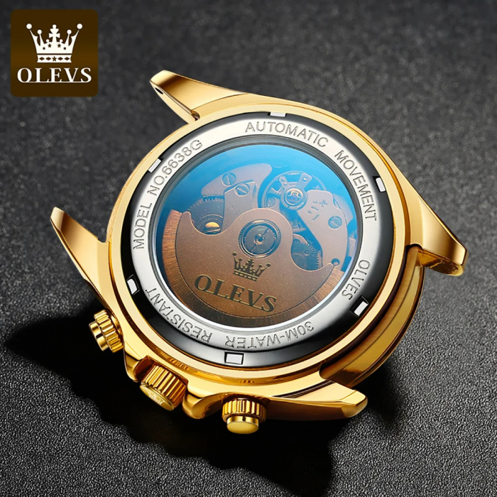 Ceas barbati Olevs Mecanic automatic Analog Cronograf Otel Auriu Data [5]