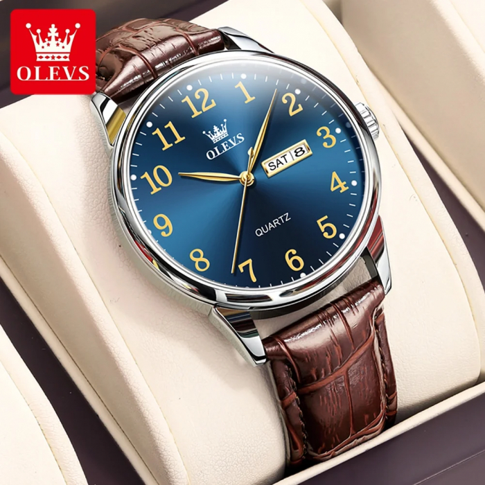 Ceas barbati Olevs Quartz Elegant Analog Indici Luminosi Data Piele naturala Maro [2]