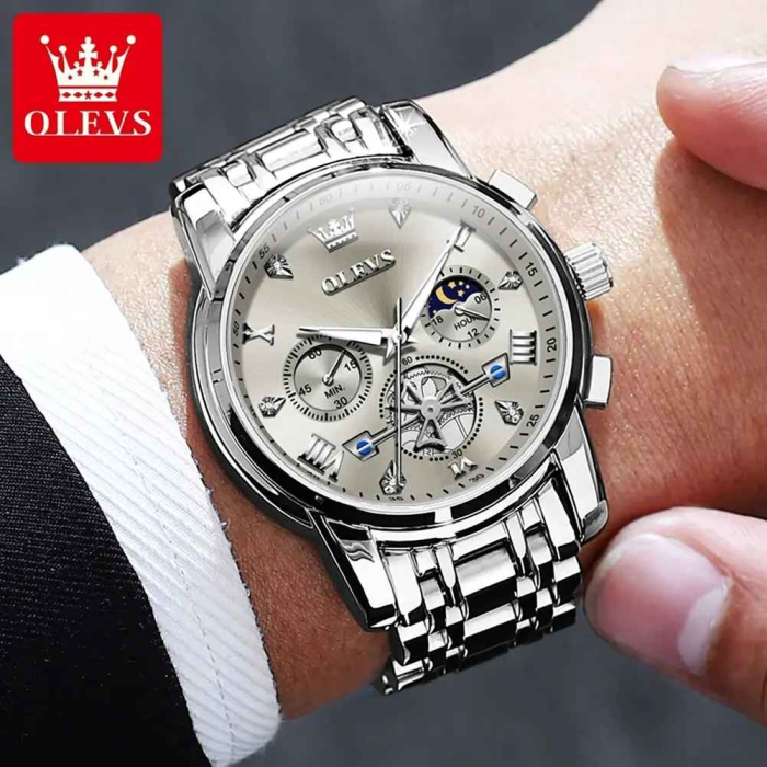 Ceas Bărbați OLEVS Quartz Original, Chronograph Multifuncțional, Fază Lunii, Waterproof 30m, Oțel Inoxidabil [2]