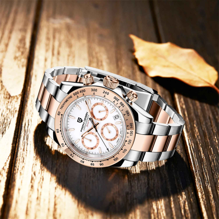 Ceas Bărbați Pagani Design PD-1644 Alb Bicolor, Chronograph VK63, 40mm, Sticlă Safir, Argintiu & Rose Gold Elegant [3]