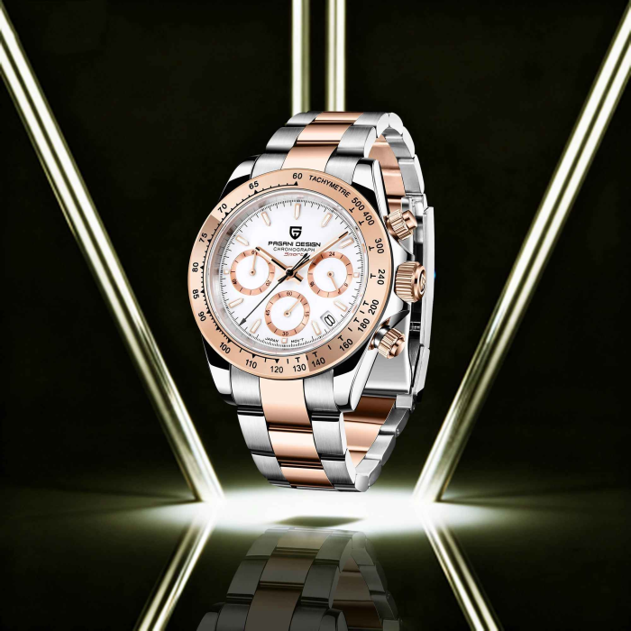 Ceas Bărbați Pagani Design PD-1644 Alb Bicolor, Chronograph VK63, 40mm, Sticlă Safir, Argintiu & Rose Gold Elegant [6]