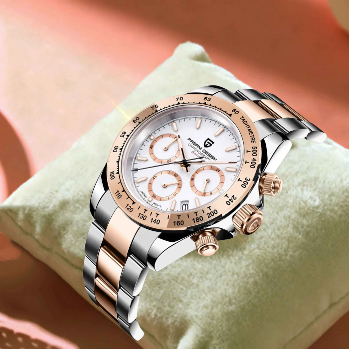 Ceas Bărbați Pagani Design PD-1644 Alb Bicolor, Chronograph VK63, 40mm, Sticlă Safir, Argintiu & Rose Gold Elegant [4]