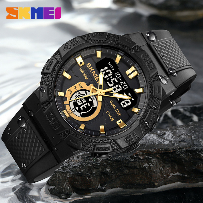 Ceas barbati Skmei Quartz Digital Analogic Alarma Sport Negru Auriu [3]