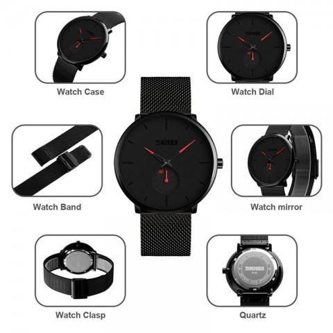 Ceas barbati Skmei Quartz Otel Bratara reglabila Analog Casual Negru Rosu [3]