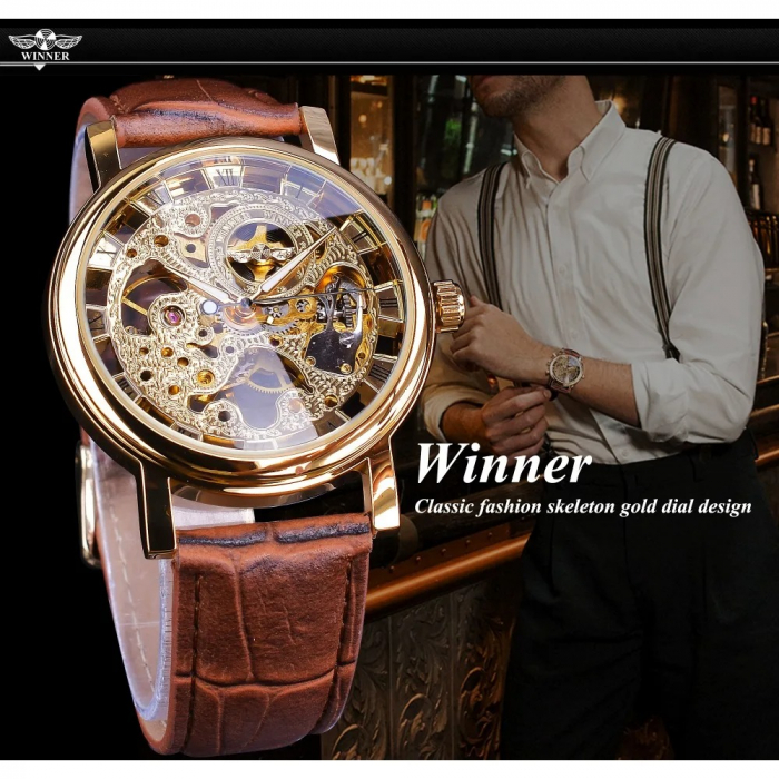 Ceas Bărbați T-Winner 8005 Maro-Auriu Mecanic – Design Luxury, Casual, Curea din Piele Naturala [4]