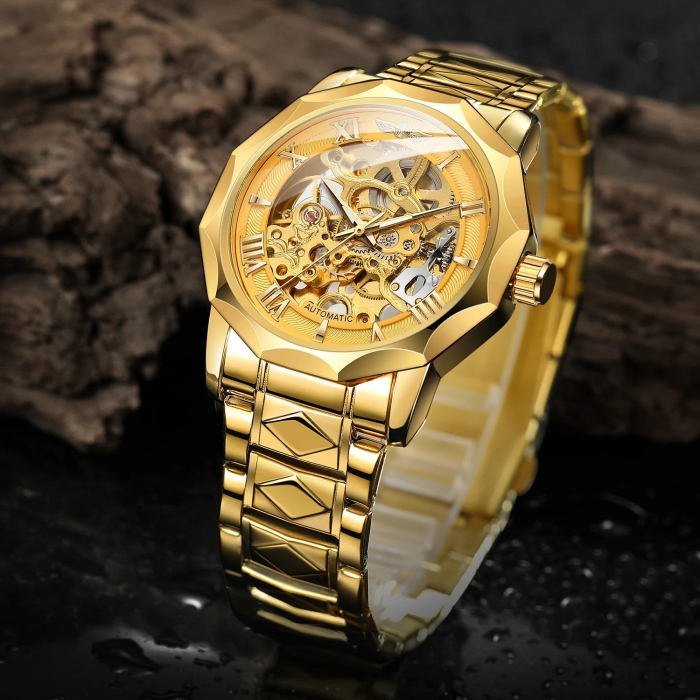 Ceas Bărbați T-Winner 8249 Auriu Mecanic – Design Business, Funcții Multiple, Rezistent la Apă 3ATM [2]