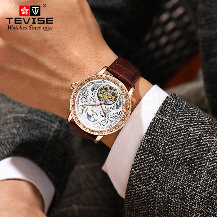 Ceas barbati, Tevise, Mecanic Automatic, Elegant, Analog, Business, Curea din piele naturala [4]