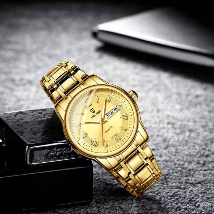 Ceas barbati Tevise Quartz Analog Auriu complet Data [2]