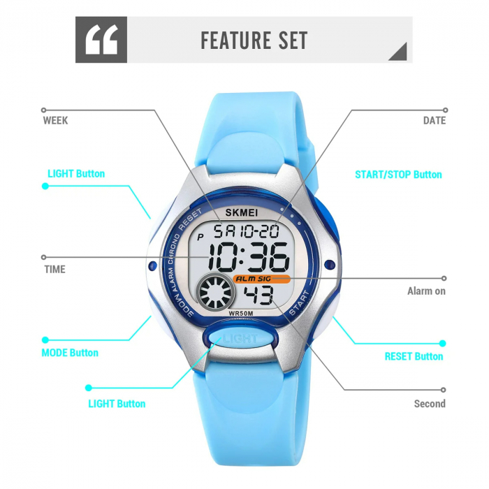 Ceas copii Skmei Baieti Fete Led Digital Sport Casual Cronometru Alarma Albastru [3]