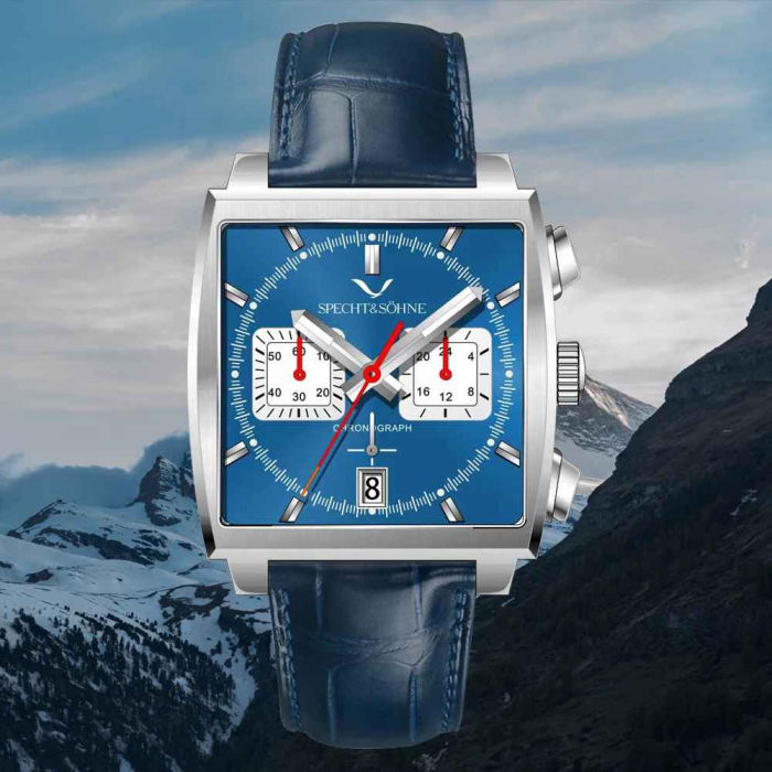 Ceas cronograf SPECHT & SÖHNE SP0009, 39 mm, mecanism Seiko VK64, oțel inoxidabil 316L, curea piele albastră, rezistent la apă 50 m [2]