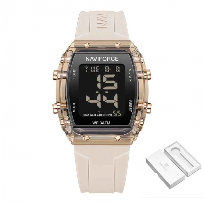 Ceas Damă Casual-Sport Quartz – Afișaj Dată, Alarmă, Cronometru, Carcasă Pătrată Aurie, Brățară Silicon Crem [8]