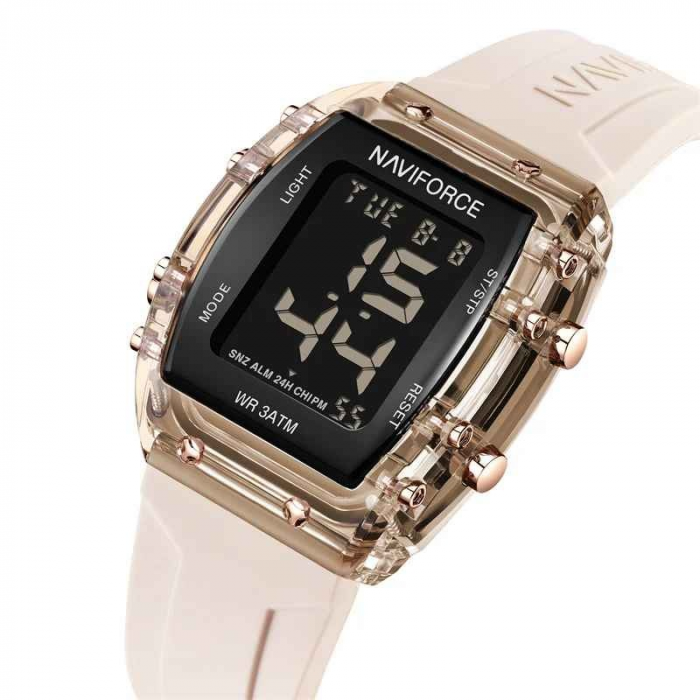 Ceas Damă Casual-Sport Quartz – Afișaj Dată, Alarmă, Cronometru, Carcasă Pătrată Aurie, Brățară Silicon Crem [2]