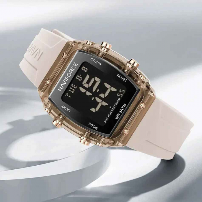 Ceas Damă Casual-Sport Quartz – Afișaj Dată, Alarmă, Cronometru, Carcasă Pătrată Aurie, Brățară Silicon Crem [6]