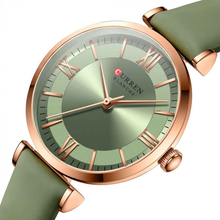 Ceas Damă CURREN 9079 Verde-Auriu – Ceas Elegant cu Cadran Verde, Curea din Piele și Carcasă Aurie [2]