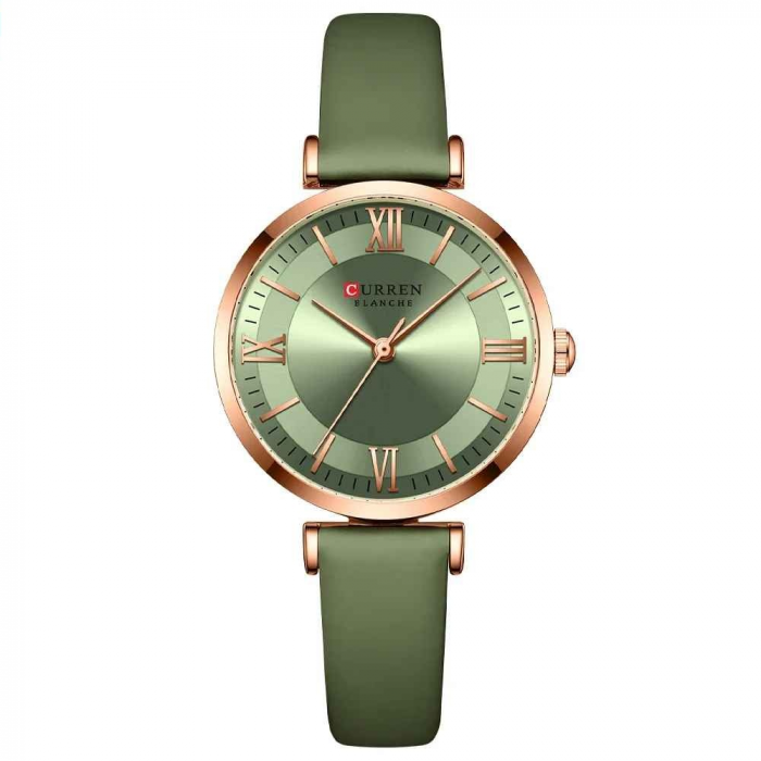 Ceas Damă CURREN 9079 Verde-Auriu – Ceas Elegant cu Cadran Verde, Curea din Piele și Carcasă Aurie [1]