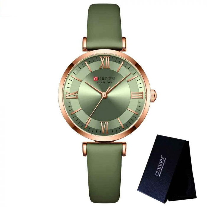 Ceas Damă CURREN 9079 Verde-Auriu – Ceas Elegant cu Cadran Verde, Curea din Piele și Carcasă Aurie [3]