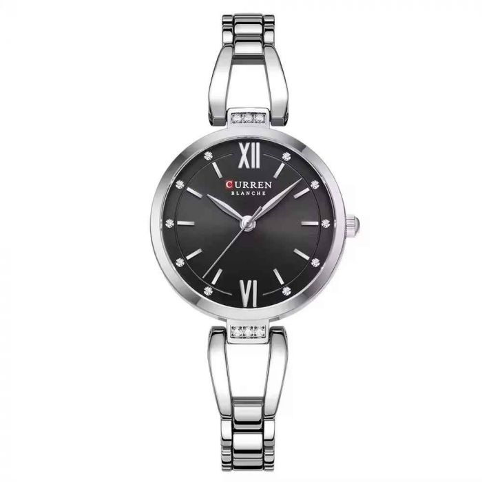 Ceas Damă CURREN 9092, Quartz, Cadran Negru, Brățară și Carcasă Argintie, Oțel Inoxidabil, 30mm [1]