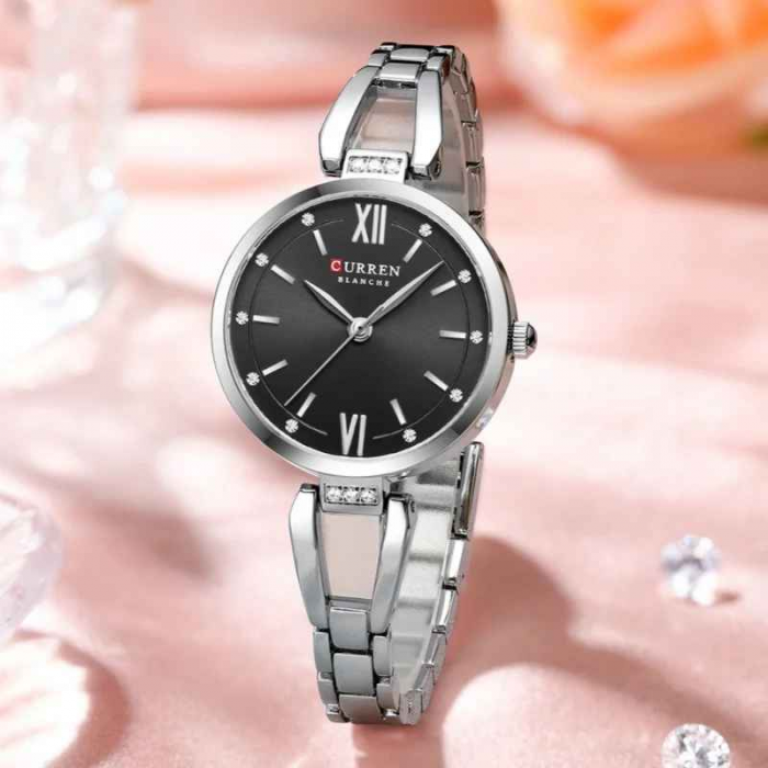Ceas Damă CURREN 9092, Quartz, Cadran Negru, Brățară și Carcasă Argintie, Oțel Inoxidabil, 30mm [2]
