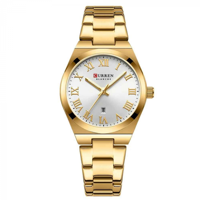 Ceas Damă CURREN 9095L Aur Complet, Cadran Alb, Elegant, Quartz cu Calendar, Brățară Metalică, Rezistență la Apă 3 ATM [1]