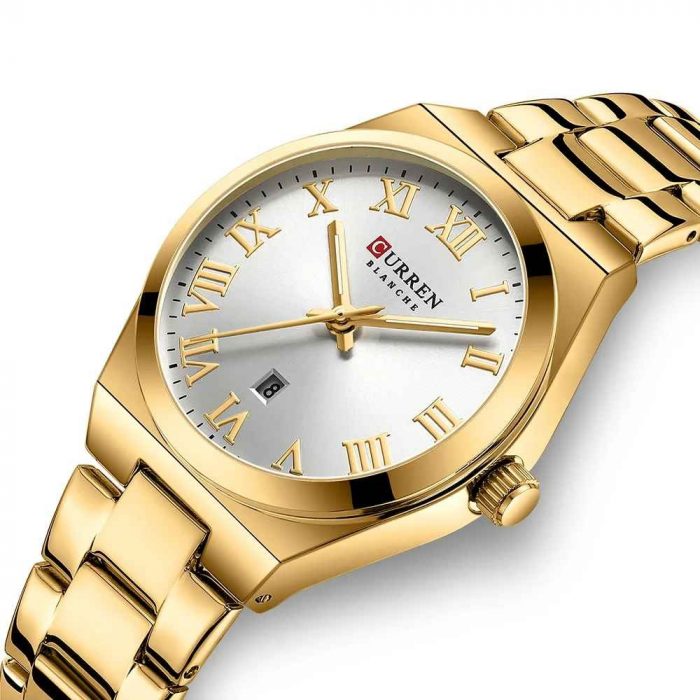 Ceas Damă CURREN 9095L Aur Complet, Cadran Alb, Elegant, Quartz cu Calendar, Brățară Metalică, Rezistență la Apă 3 ATM [4]
