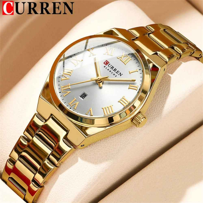 Ceas Damă CURREN 9095L Aur Complet, Cadran Alb, Elegant, Quartz cu Calendar, Brățară Metalică, Rezistență la Apă 3 ATM [3]