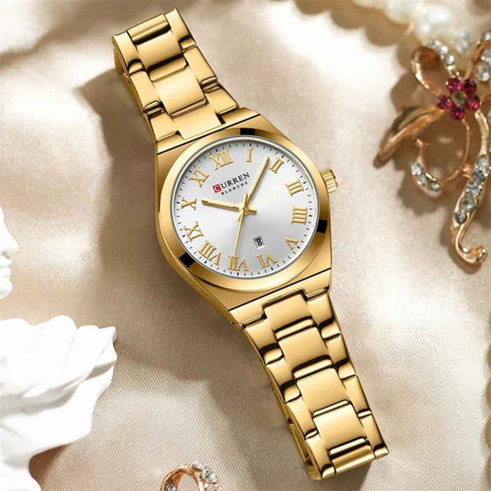 Ceas Damă CURREN 9095L Aur Complet, Cadran Alb, Elegant, Quartz cu Calendar, Brățară Metalică, Rezistență la Apă 3 ATM [5]