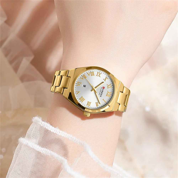 Ceas Damă CURREN 9095L Aur Complet, Cadran Alb, Elegant, Quartz cu Calendar, Brățară Metalică, Rezistență la Apă 3 ATM [2]