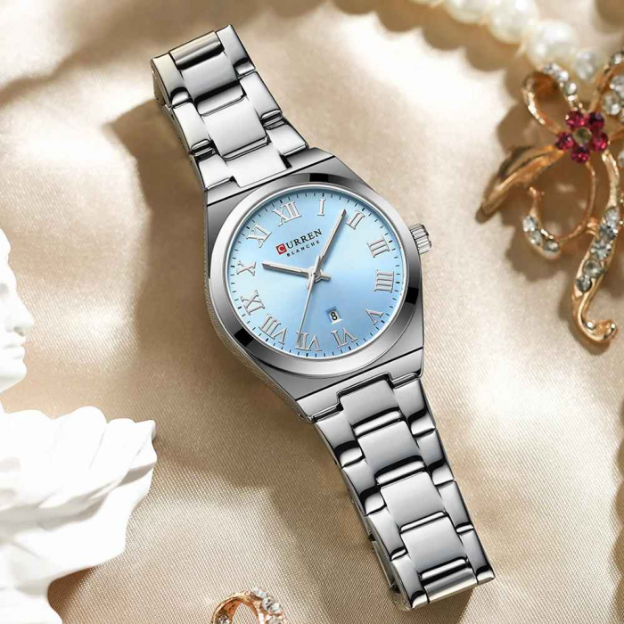 Ceas Damă CURREN 9095L Elegant, Quartz, Cadran Albastru, Brățară și Carcasă Argintie, Calendar, Rezistent la Apă 3 ATM [5]