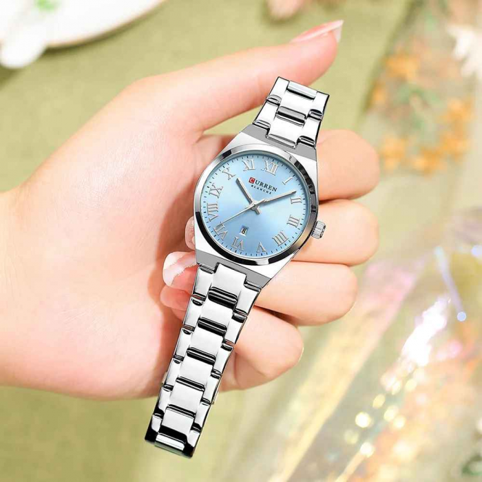 Ceas Damă CURREN 9095L Elegant, Quartz, Cadran Albastru, Brățară și Carcasă Argintie, Calendar, Rezistent la Apă 3 ATM [3]